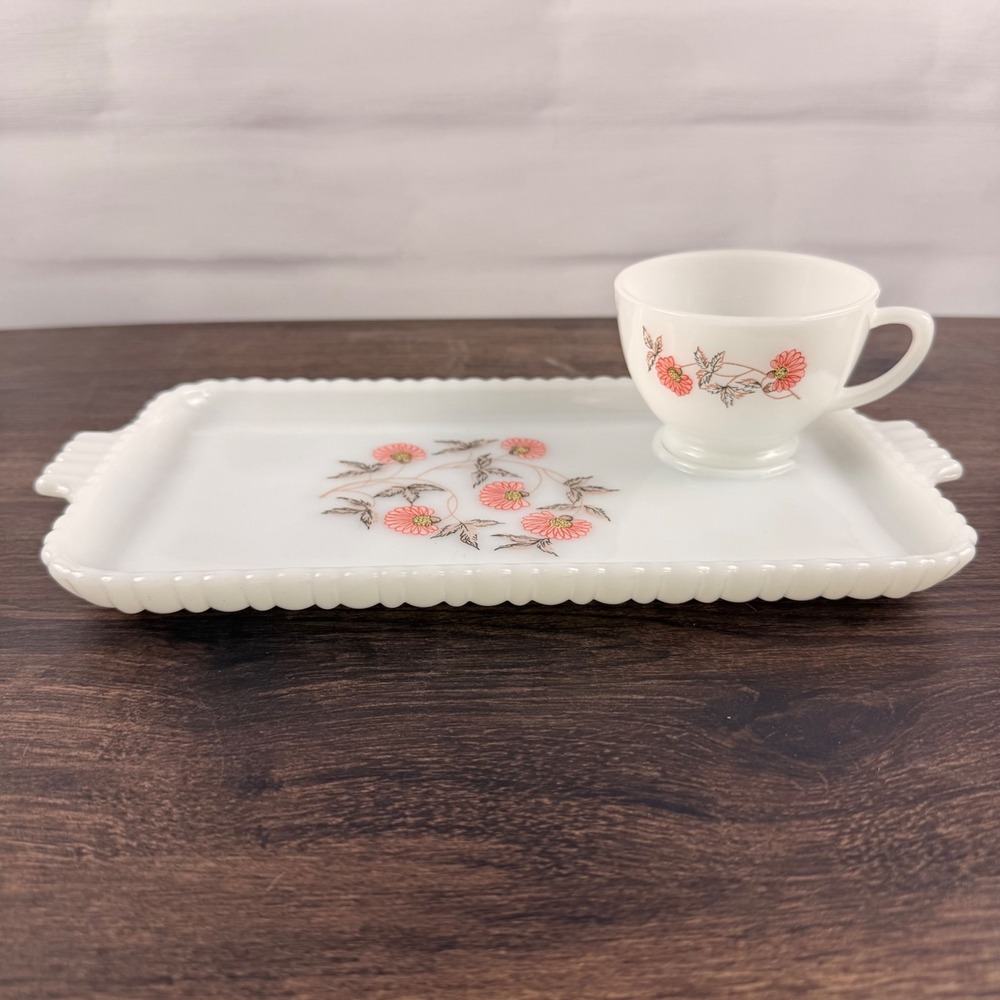 Fire-King Fleurette Milk Glass Snack Set 8 Trays Cups Pink Floral - Picture 9 of 11